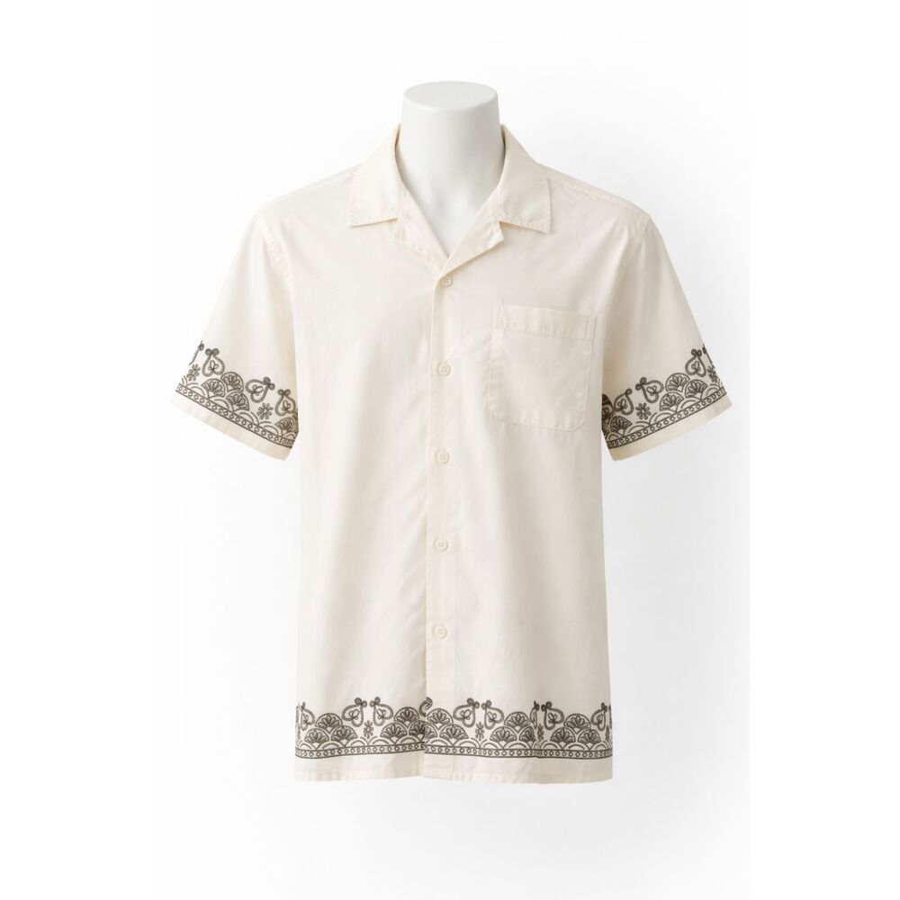 Goodfellow & Co Cream Green Button Up Shirt NWT Cotton Short Sleeve Pocket Med